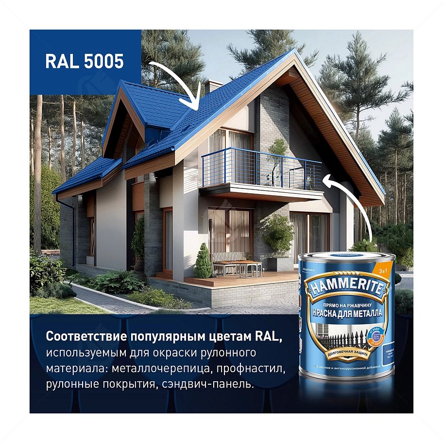 Краска для металлических поверхностей алкидная Hammerite гладкая синяя RAL 5005 5 л.